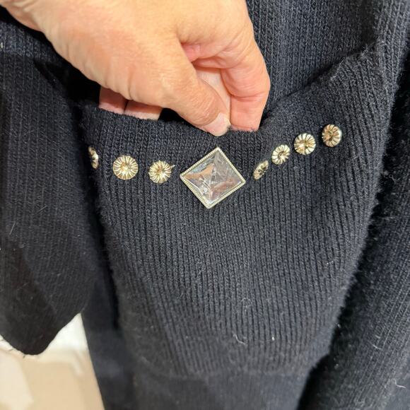 Black Long Line Gold Trim Open Front Vintage Cardigan Sz O/S - Picture 7 of 13